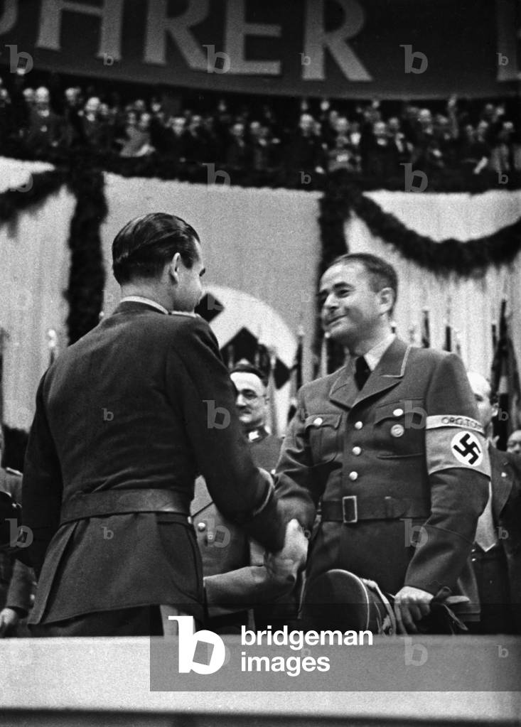 Adolf Galland with Albert Speer in the Sportpalast, 1943