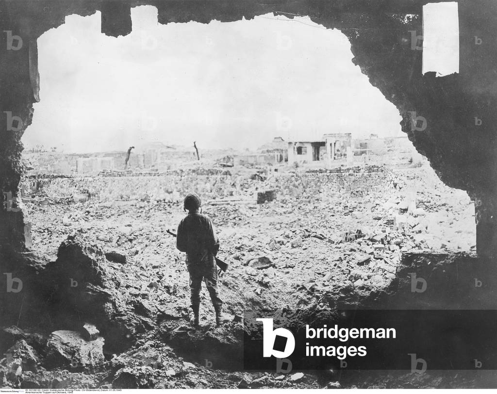 American Soldier in Naha, Okinawa, 1945 (b/w photo)