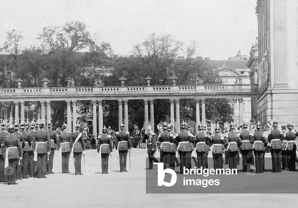 Kaiser Wilhelm I at a battalion presentation in Potsdam, 1886 (b/w photo)
