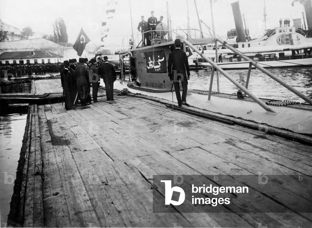 Launching of a Turkish submarine (b/w photo)