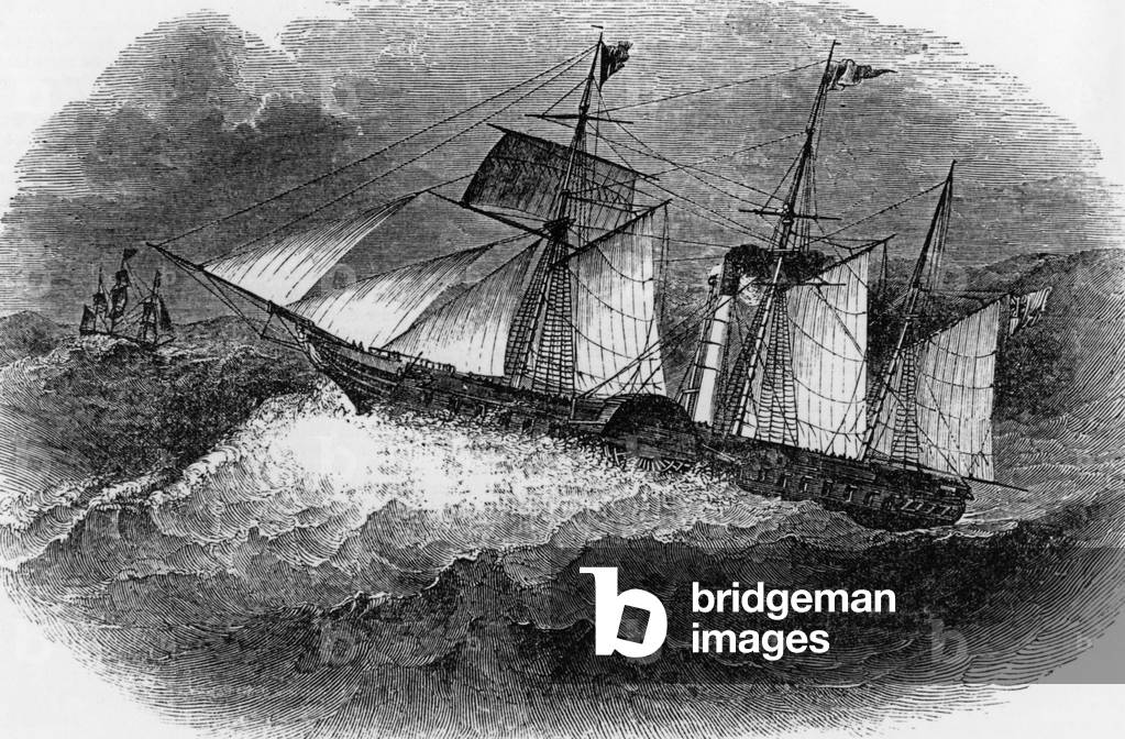 Paddle steamer at sea, around 1850
