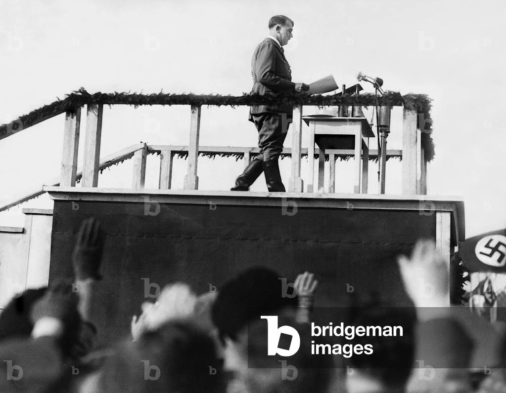 Adolf Hitler at a Saar rally, 1934 (b/w photo)
