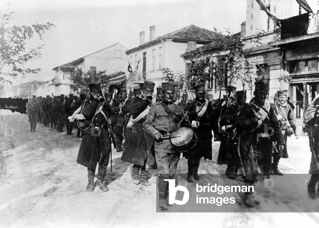 Serbian troops marching, 1914 (b/w photo)