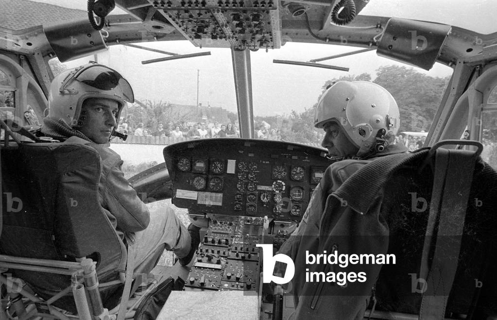 View of the cockpit of a rescue helicopter, 1970 (b/w photo)
