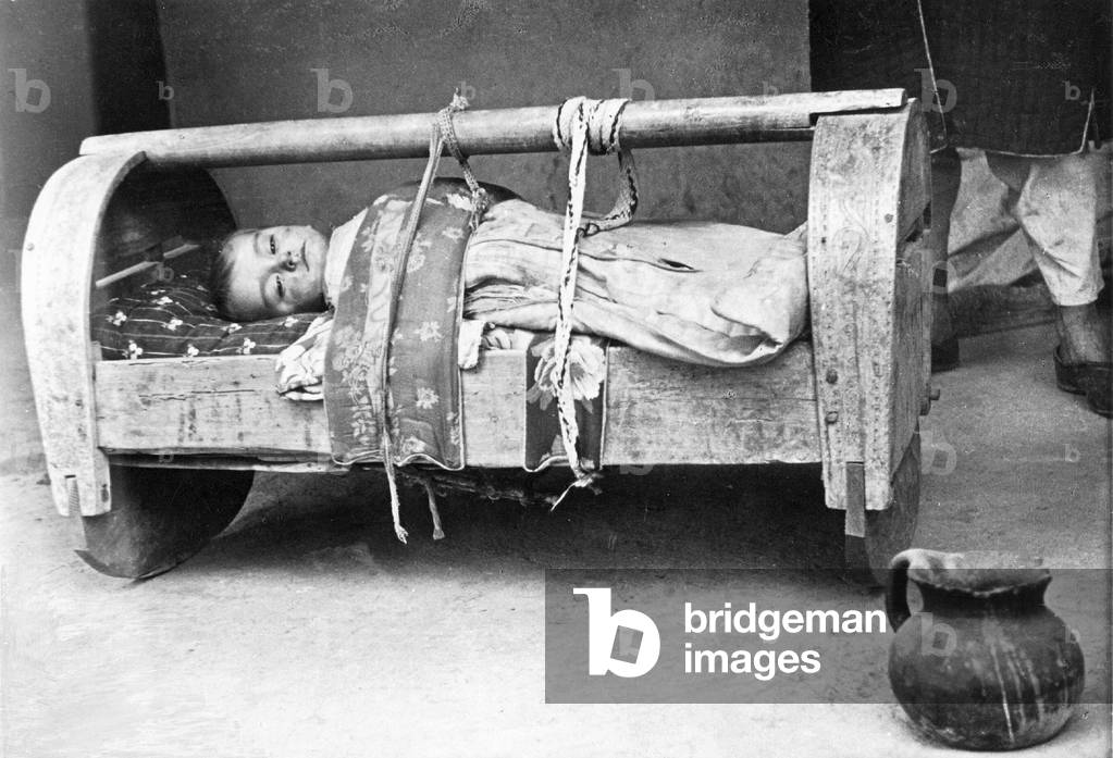 Tajik child cradle in Dushanbe (b/w photo)