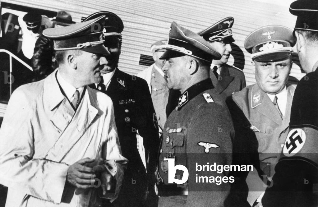 Adolf Hitler, Sepp Dietrich, Martin Bormann at the Tempelhof Airport, 1939 (b/w photo)