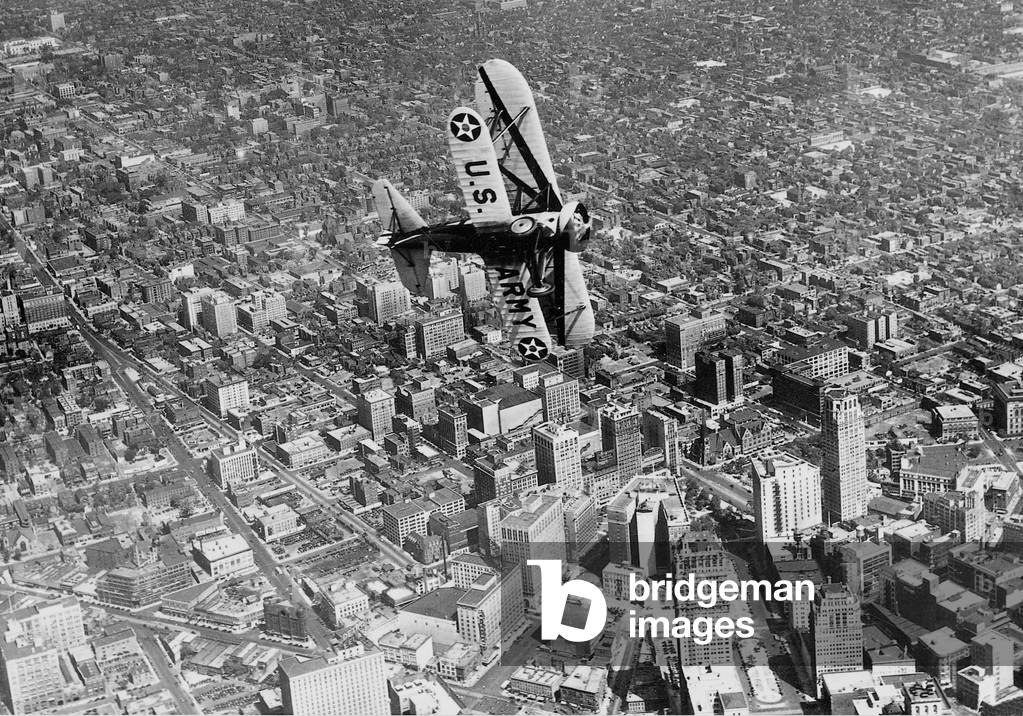 Double decker above Detroit, 1933 (b/w photo)
