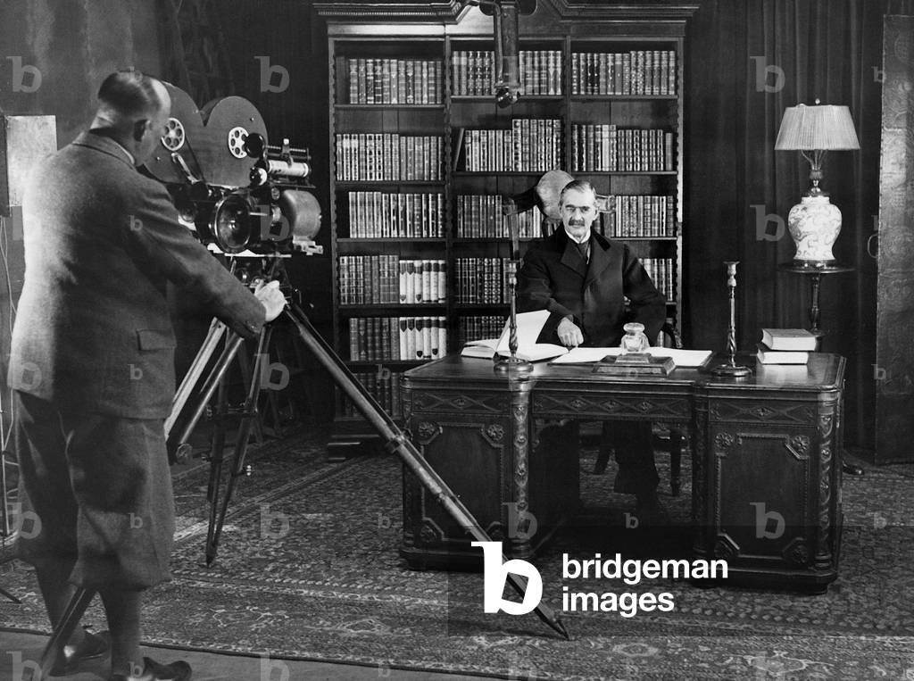 Arthur Neville Chamberlain at sound film recording, 1932 (b/w photo)