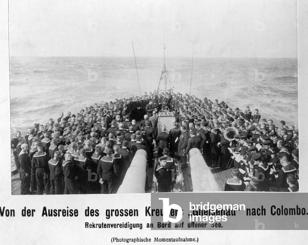 Swearing-in of recruits on the open sea, 1910 (b/w photo)