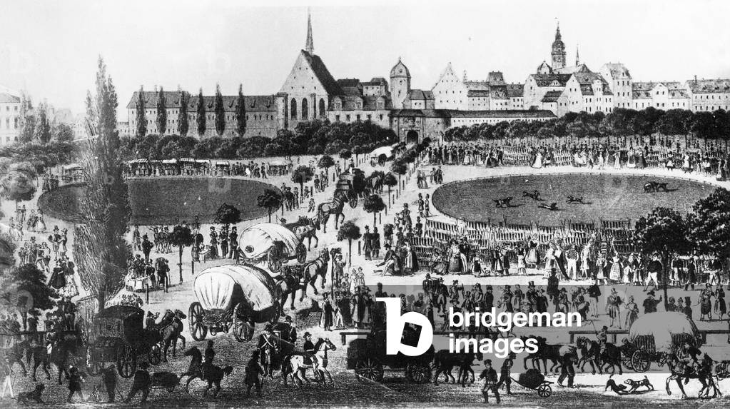 Exhibition traffic before the city of Leipzig, 1850 (b/w photo)