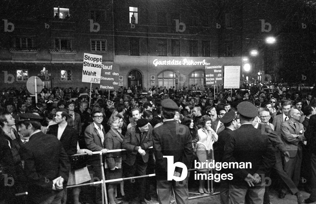Demonstration against Franz Josef Strauss, 1969 (b/w photo)