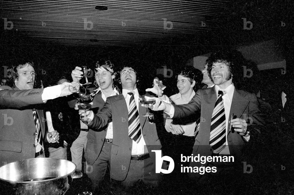 Overath, Flohe, Müller and Breitner at the celebration of the World Cup victory in Munich, 1974 (b/w photo)