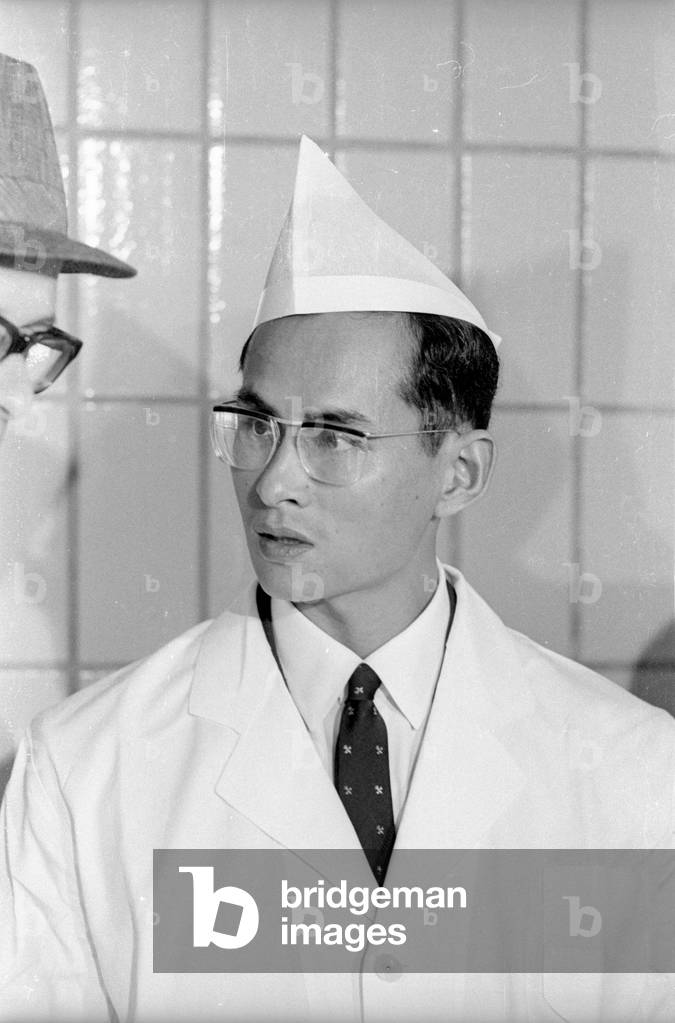 The Thai royal couple in a fish factory in Bremen, 1966 (b/w photo)