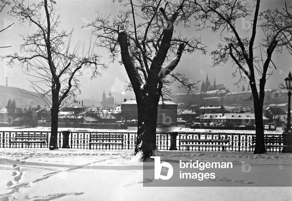 The city view on Prague in winter, 1934 (b/w photo)