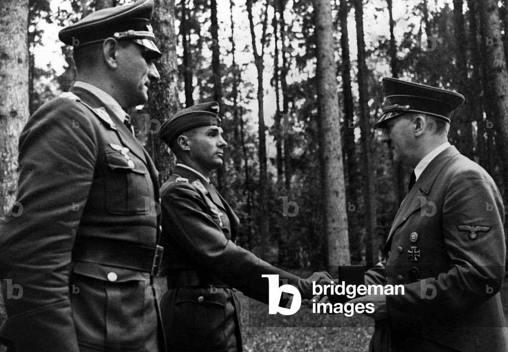 Adolf Hitler awards the Oak Leaves to the Knights Cross, 1941 (b/w photo)