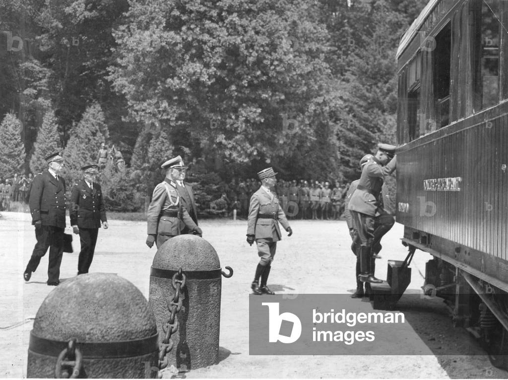 Bergeret, Leluc, Huntziger and Ewald von Kleist at the saloon car in Forest of Compiegne, 1940 (b/w photo)