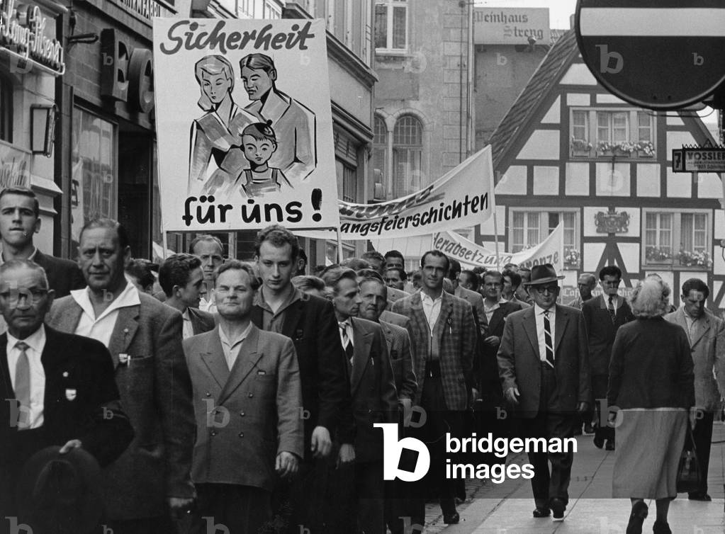 Ruhr miners during a protest march through Bonn, 1959 (b/w photo)
