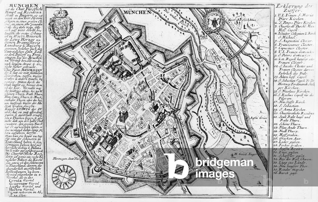 City map of Munich from 1644 (b/w photo)