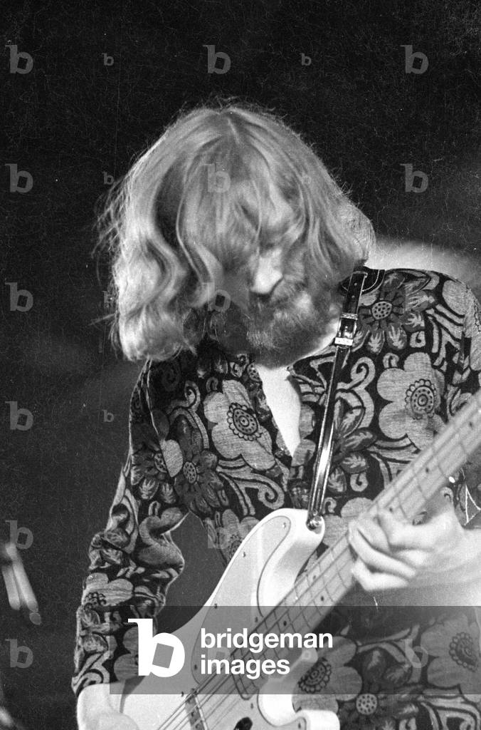 Performance of a band at a rock festival in Munich, 1970 (b/w photo)