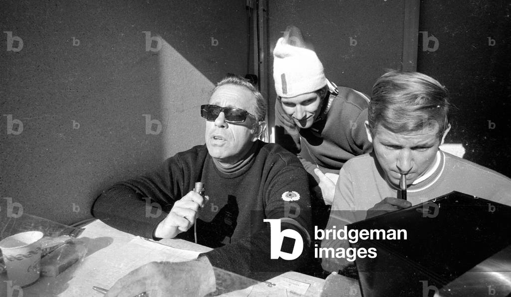 View of the commentator's booth, 1970 (b/w photo)