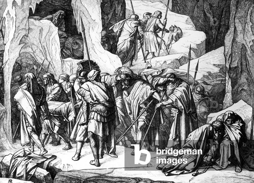 Hannibal's train over the Alps, 218 BC. (b/w photo)