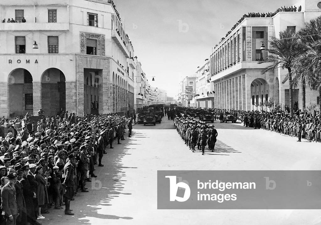 Parade of the German Afrika Korps in Tripoli, 1941 (b/w photo)