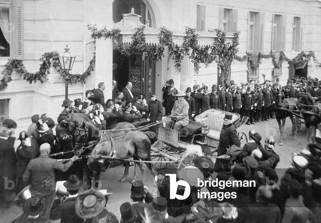Meeting of Emperor Franz Joseph I with the Swedish King Oscar II in Abbazia (b/w photo)