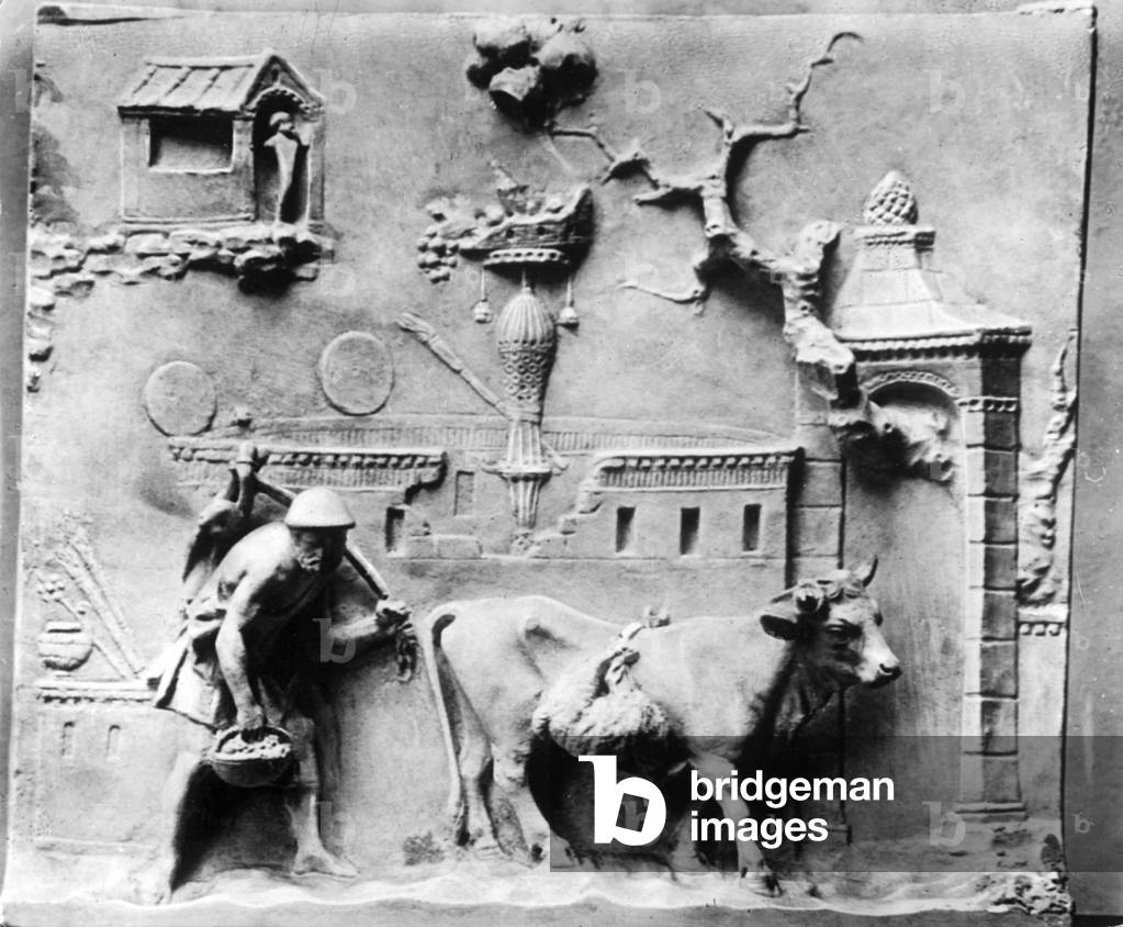 Roman relief with an agricultural scene (b/w photo)