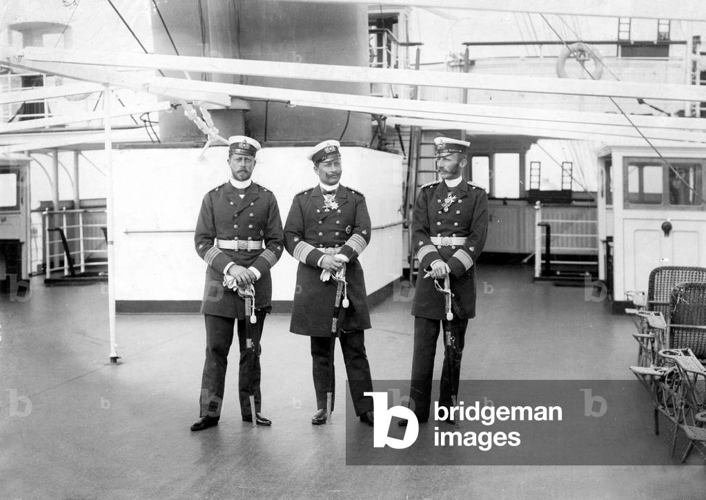 Emperor Wilhelm II, Prince Henry, Archduke Karl Stephan of the 'Hohenzollern', 1910 (b/w photo)