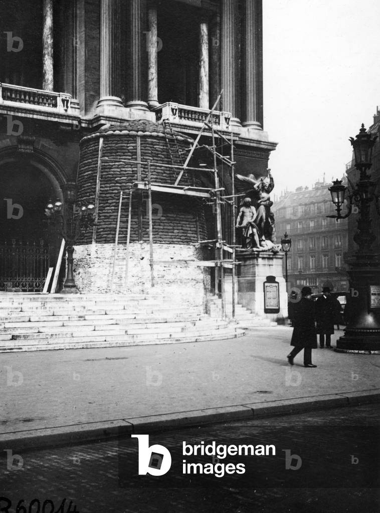 Building protection against aerial attacks in Paris (b/w photo)