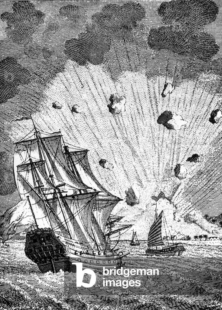 Contemporary illustration of the eruption of Tambora volcano in the Moluccas islands, 1815 (engraving)