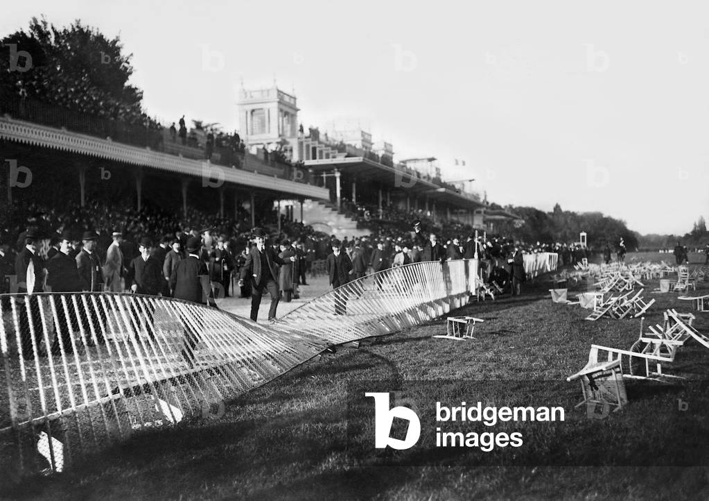 Riots at the Longchamps race course, 1906 (b/w photo)