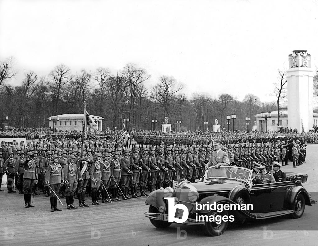 Adolf Hitler greets troops on his birthday, 1939 (b/w photo)