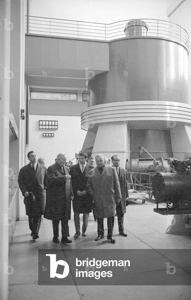 Ion Gheorghe Maurer on a tour of the E-Werk in Schrunz, Austria, 1965 (b/w photo)