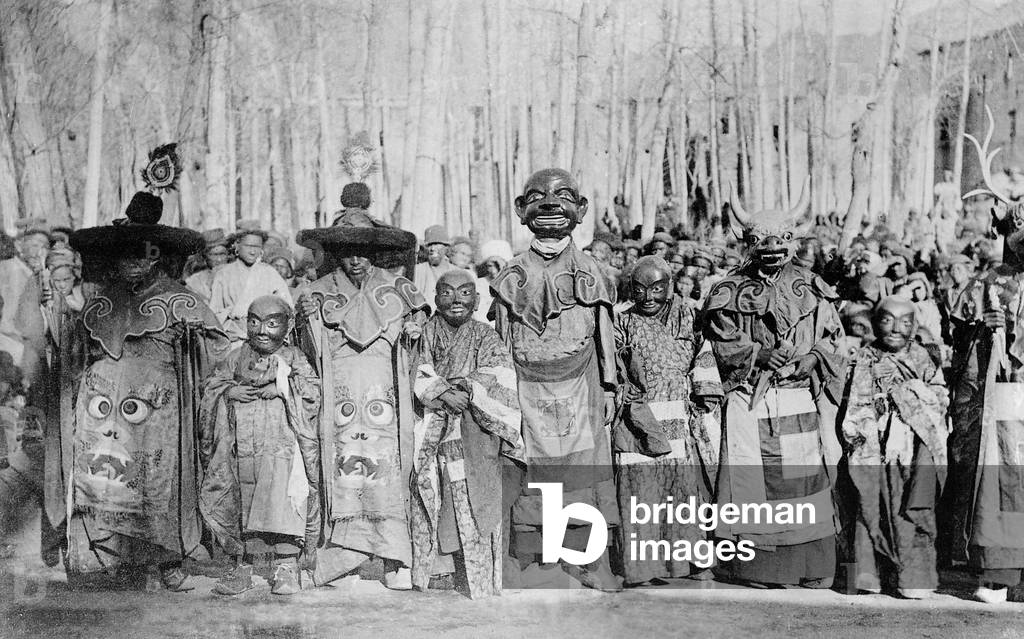 Masked priests in Ladakh, 1912 (b/w photo)