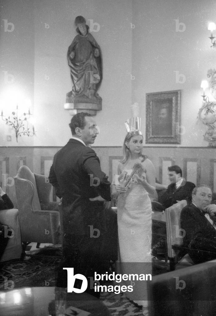 New Year's Eve celebration in St. Moritz, 1966 (b/w photo)