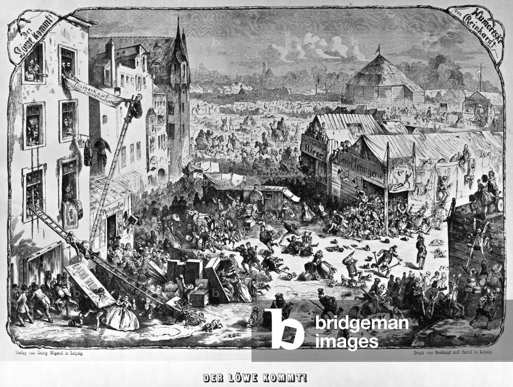 Der Löwe kommt '(the lion is coming), cartoon by Karl Reinhardt, c.1860 (b/w photo)