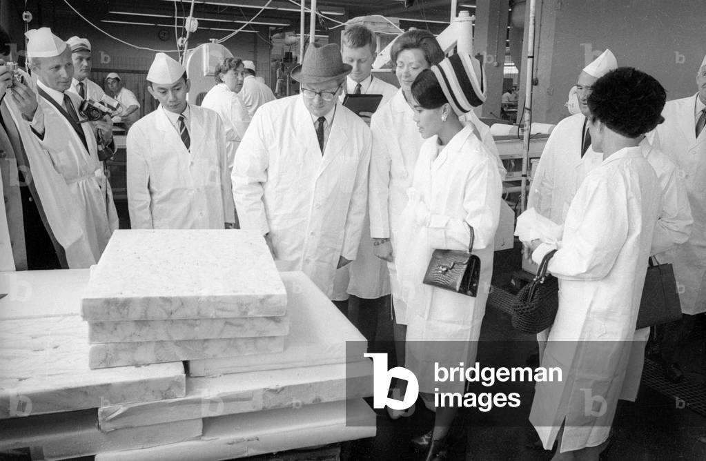 The Thai royal couple in a fish factory in Bremen, 1966 (b/w photo)
