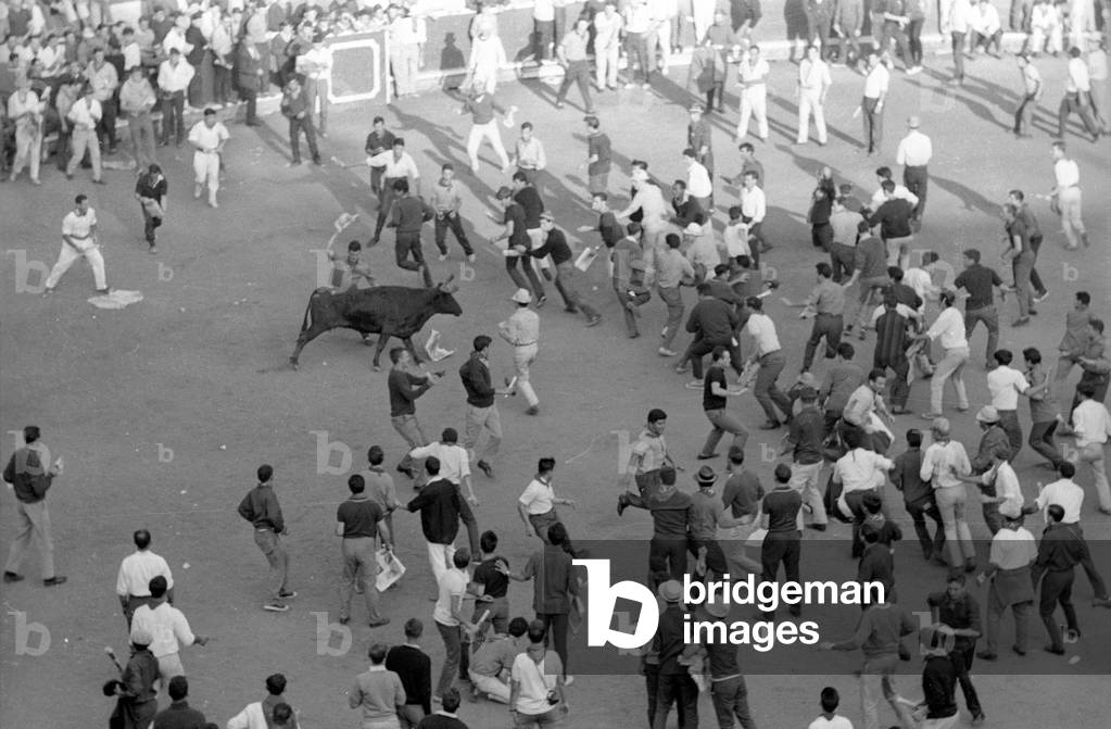 Bullfighting festival in Pamplona, 1965 (b/w photo)