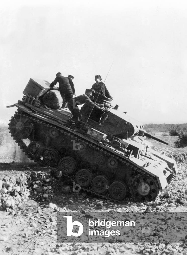 German Panzer III during combat in Greece, 1941 (b/w photo)