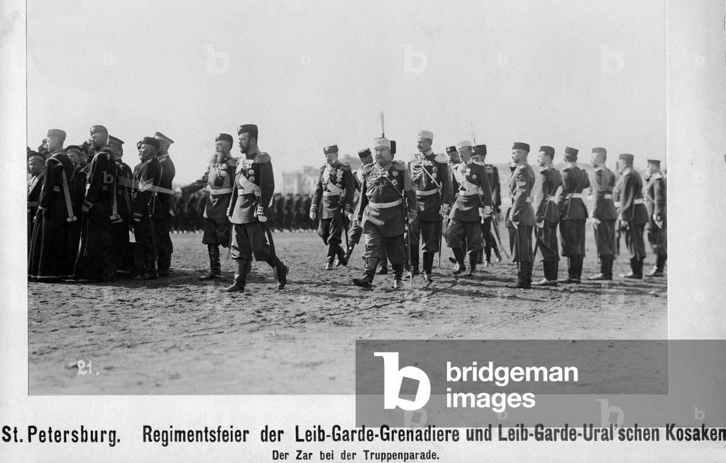 Czar Nicholas II. at a military parade in Saint Petersburg (b/w photo)