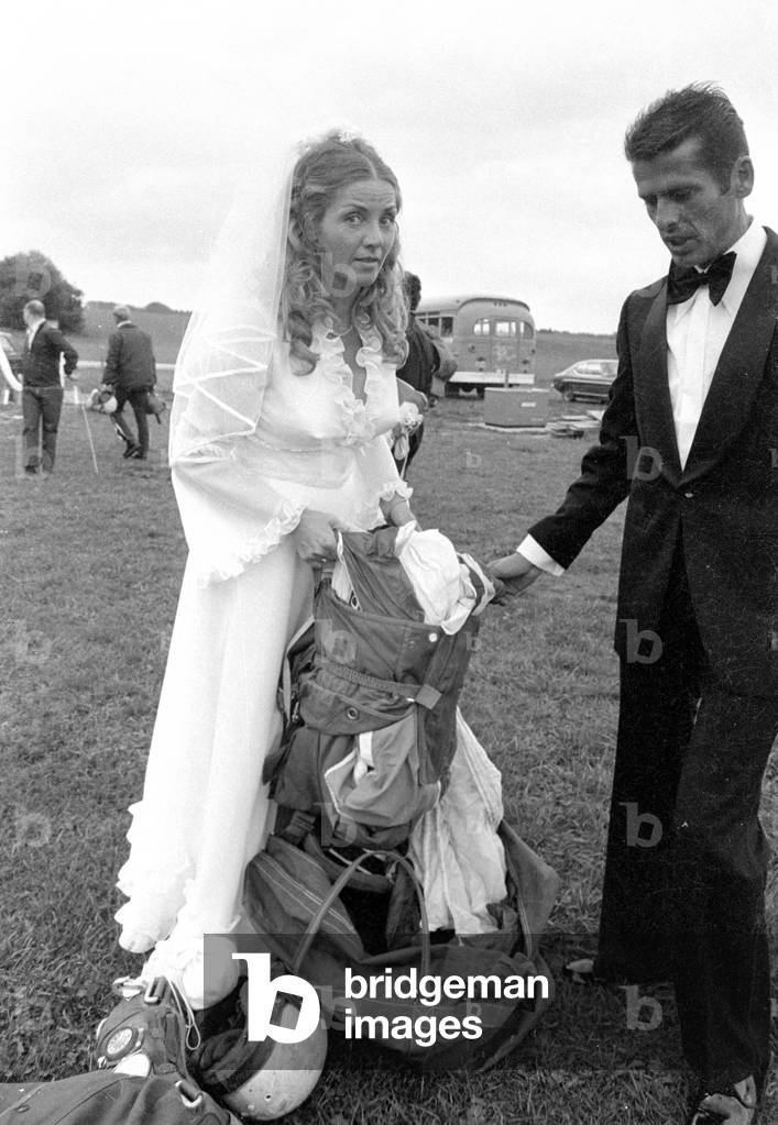 Wedding with parachute jump, 1974 (b/w photo)