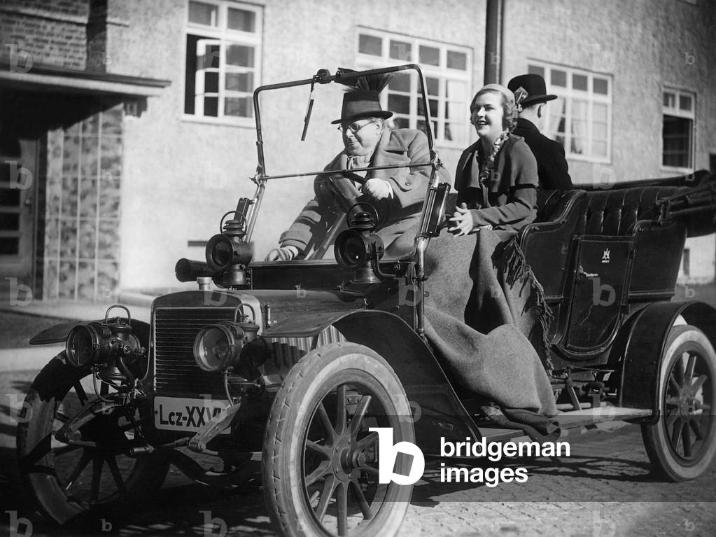 Film scene with car (b/w photo)