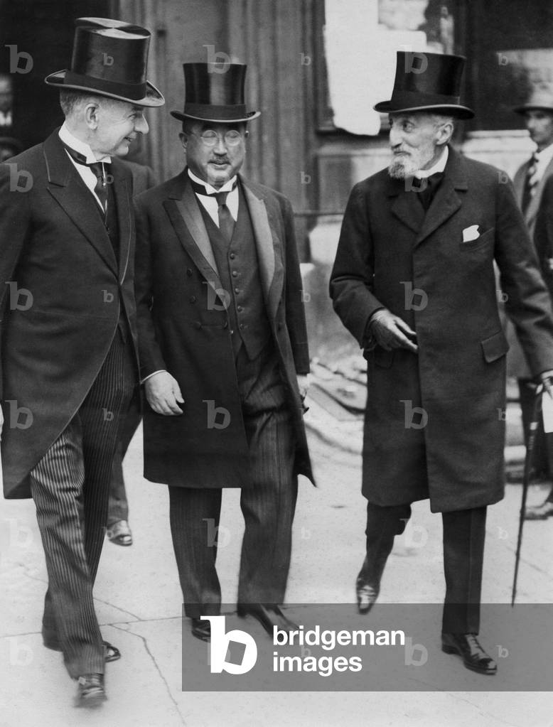 Charles Dawes, Aime de Fleuriau and the Ambassador of Japan at the memorial service for Stresemann (b/w photo)