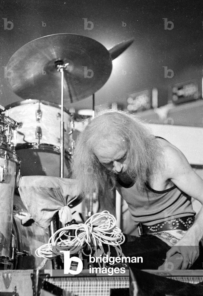 View of the stage at a rock festival in Munich, 1970 (b/w photo)