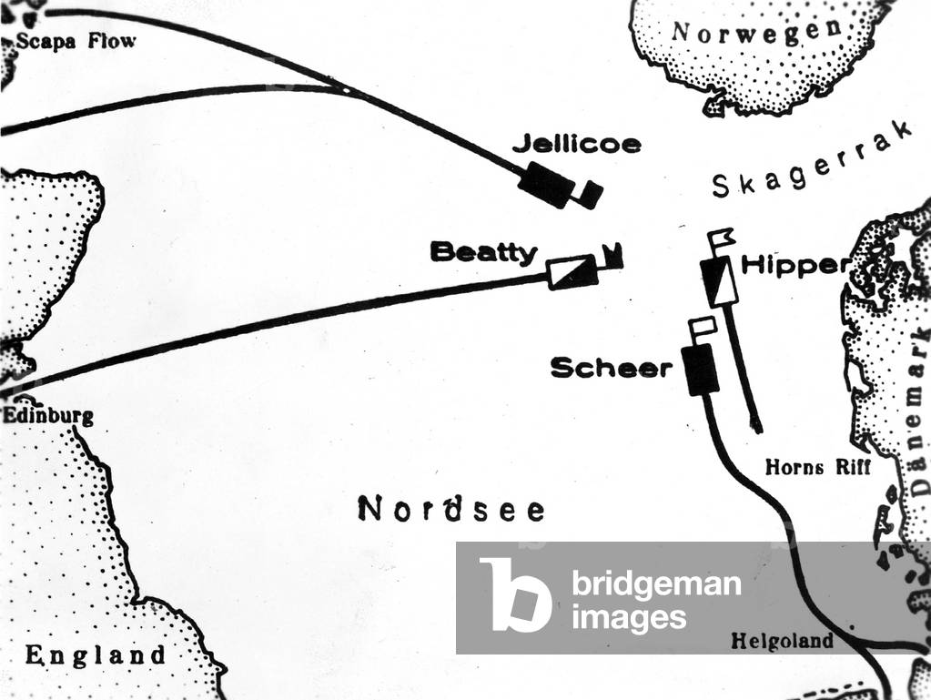 Advance map of the fleets tin the Battle of Jutland, 1916 (b/w photo)