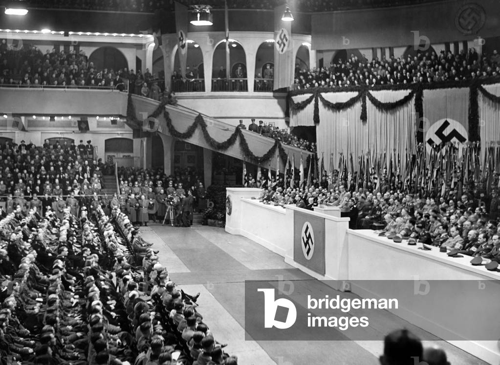 Minister of Propaganda Goebbels reading out the proclamation of Hitler on the 10th anniversary of the takeover in 1943