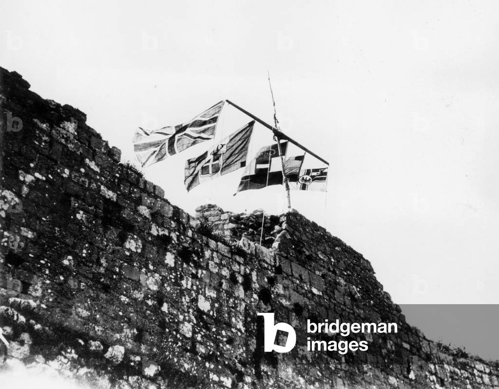 Flags of the great powers on the city walls on Shkoder, 1912 (b/w photo)