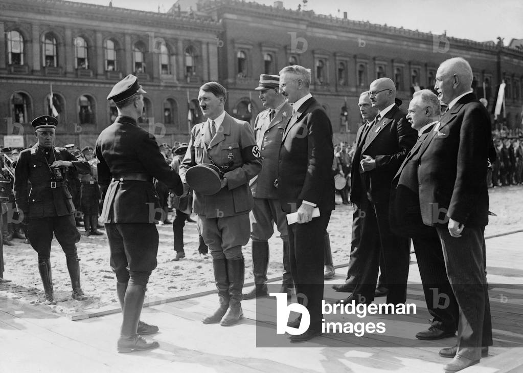 Adolf Hitler and Hjalmar Schacht at the groundbreaking ceremony of the new building of the Reichsbank, 1934 (b/w photo)