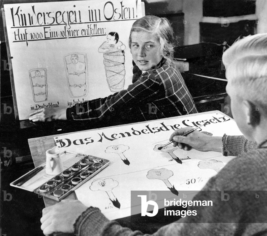 Students with drawings demonstrating National Socialist family and race policy